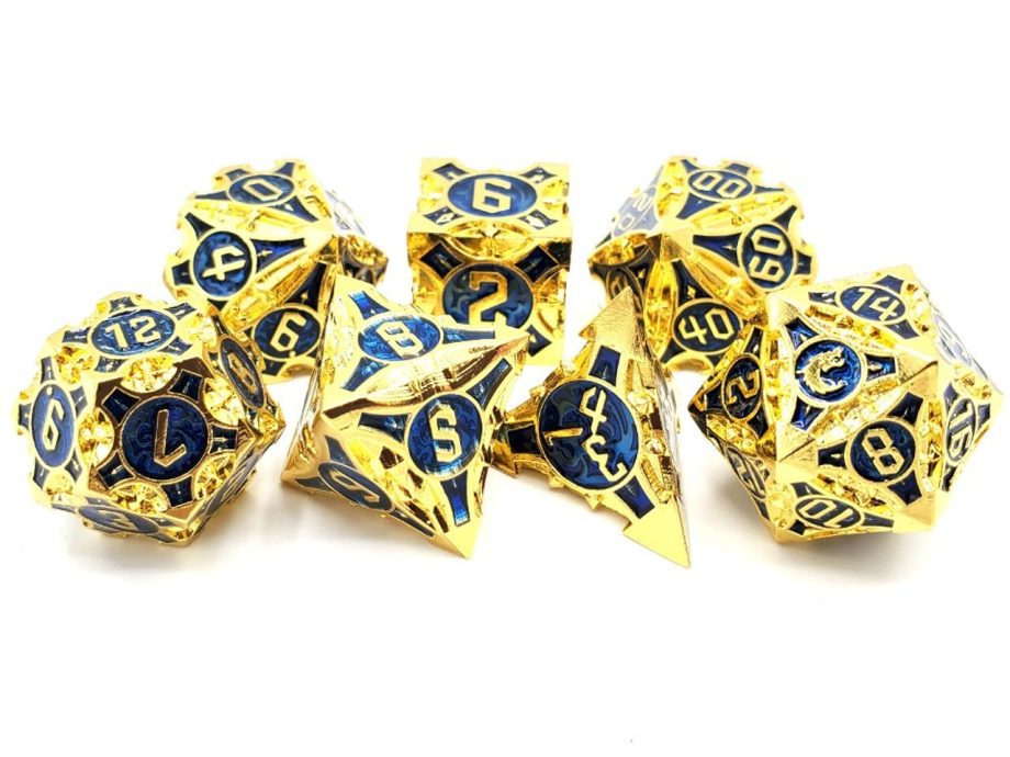 Old School 7 Piece Dice Set Metal Dice Gnome Forged Gold With Blue Pose 2