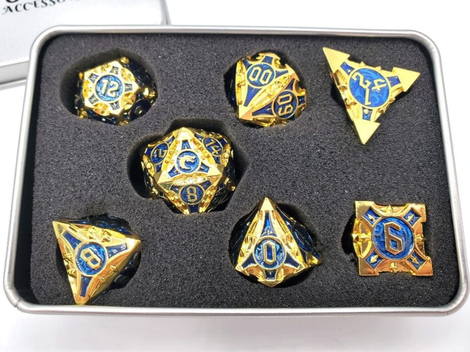Old School 7 Piece Dice Set Metal Dice Gnome Forged Gold With Blue Pose 3