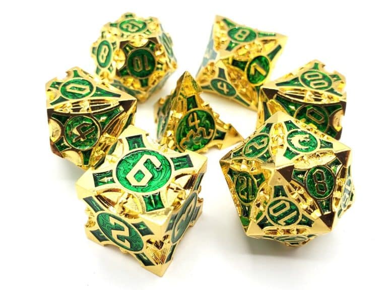 Old School 7 Piece Dice Set Metal Dice Gnome Forged Gold With Green Pose 1