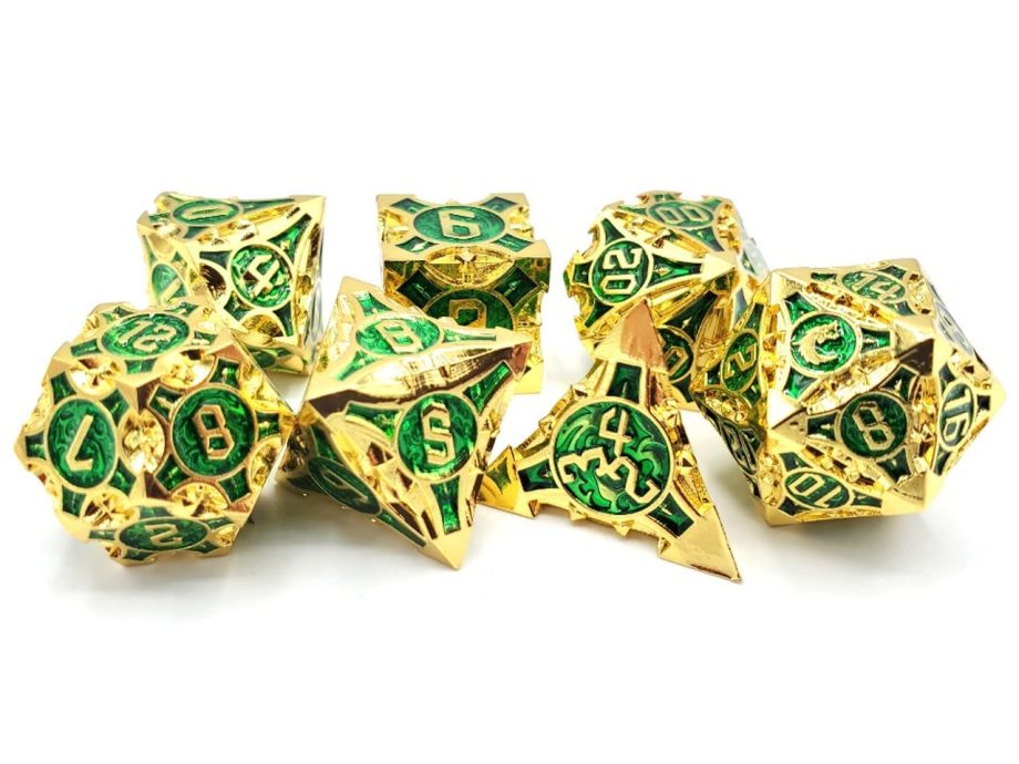 Old School 7 Piece Dice Set Metal Dice Gnome Forged Gold With Green Pose 2