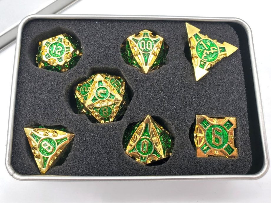 Old School 7 Piece Dice Set Metal Dice Gnome Forged Gold With Green Pose 3