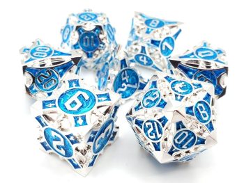 Old School 7 Piece Dice Set Metal Dice Gnome Forged Silver With Blue Pose 1