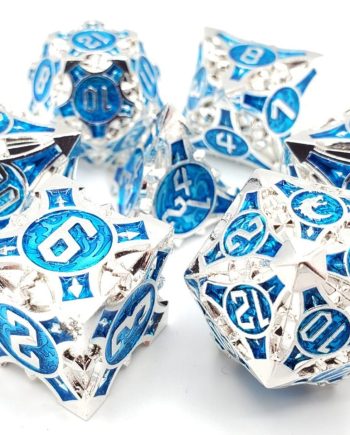 Old School 7 Piece Dice Set Metal Dice Gnome Forged Silver With Blue Pose 1