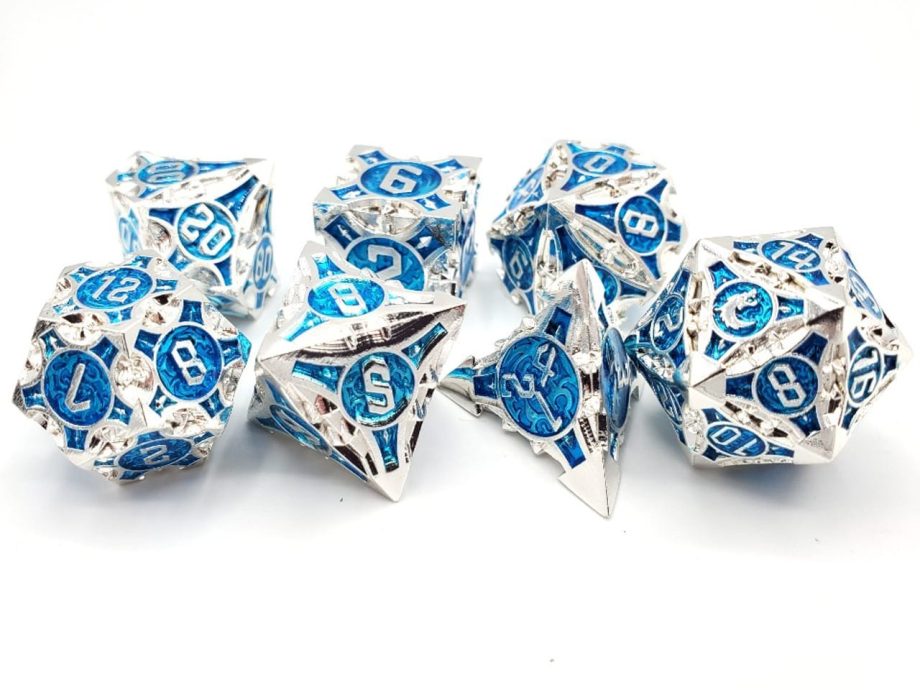 Old School 7 Piece Dice Set Metal Dice Gnome Forged Silver With Blue Pose 2