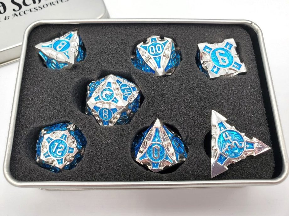 Old School 7 Piece Dice Set Metal Dice Gnome Forged Silver With Blue Pose 3