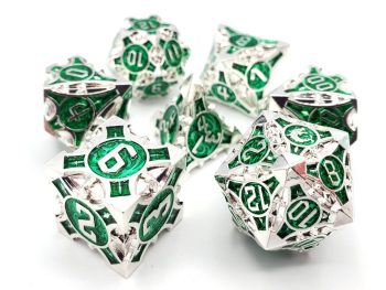 Old School 7 Piece Dice Set Metal Dice Gnome Forged Silver With Green Pose 1