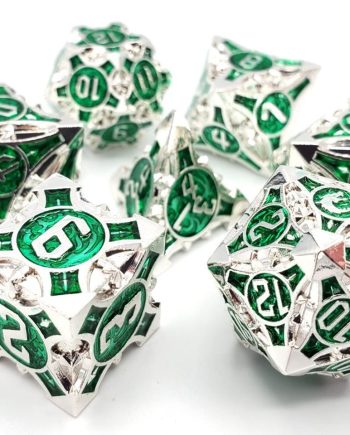 Old School 7 Piece Dice Set Metal Dice Gnome Forged Silver With Green Pose 1
