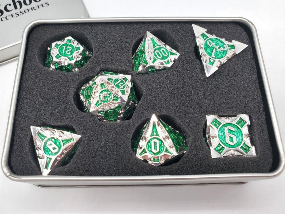 Old School 7 Piece Dice Set Metal Dice Gnome Forged Silver With Green Pose 3