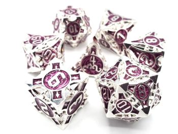 Old School 7 Piece Dice Set Metal Dice Gnome Forged Silver With Purple Pose 1