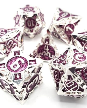 Old School 7 Piece Dice Set Metal Dice Gnome Forged Silver With Purple Pose 1