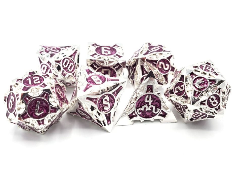 Old School 7 Piece Dice Set Metal Dice Gnome Forged Silver With Purple Pose 2