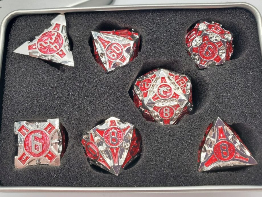 Old School 7 Piece Dice Set Metal Dice Gnome Forged Silver With Red Pose 3