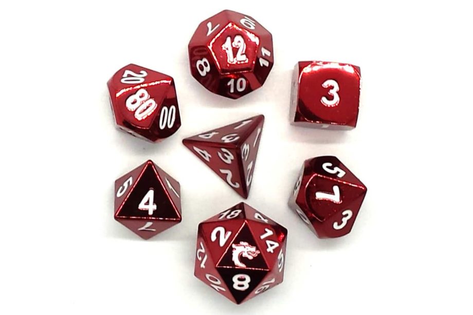 Old School 7 Piece Dice Set Metal Dice Halfling Forged Electric Red Pose 2
