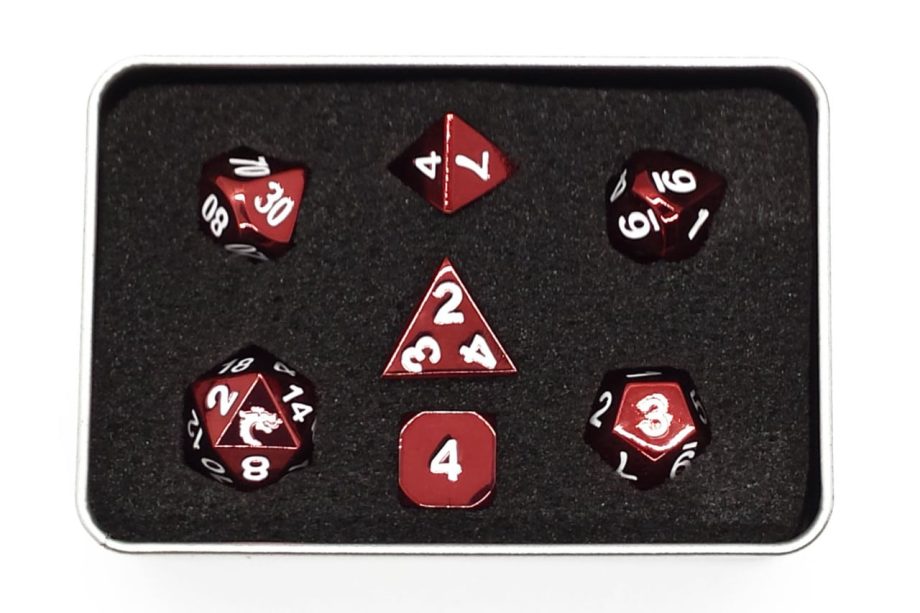 Old School 7 Piece Dice Set Metal Dice Halfling Forged Electric Red Pose 3