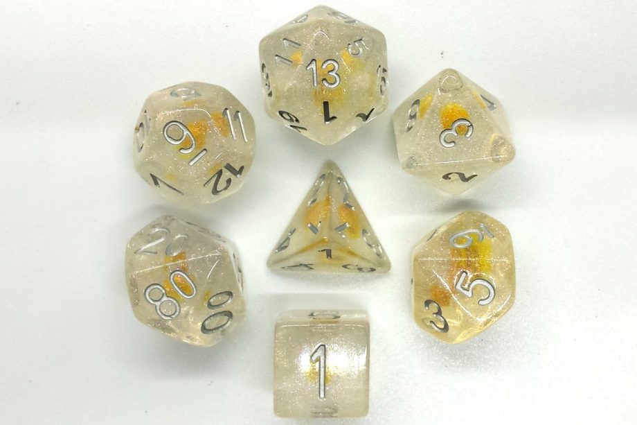 Old School 7 Piece Dice Set Infused Iridescent Yellow Flower Pose 2