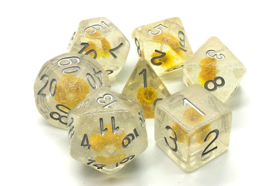 Old School 7 Piece Dice Set Infused Iridescent Yellow Flower Pose 1