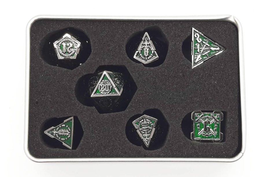 Old School 7 Piece Dice Set Metal Dice Knights of the Round Table Emerald Pose 2
