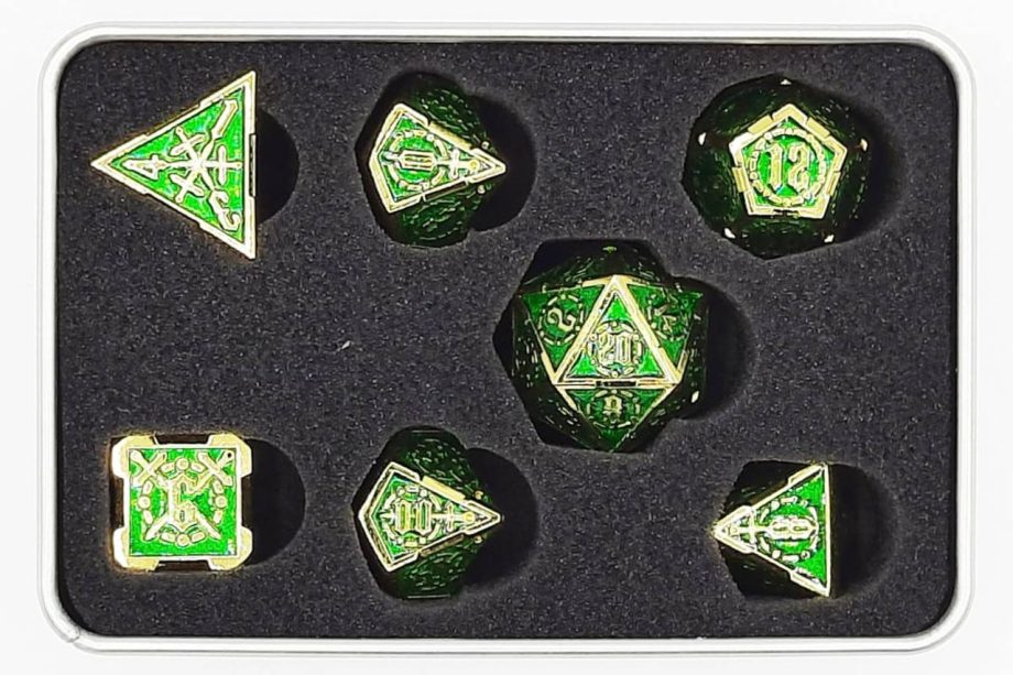 Old School 7 Piece Dice Set Metal Dice Knights of the Round Table Green With Gold Pose 2