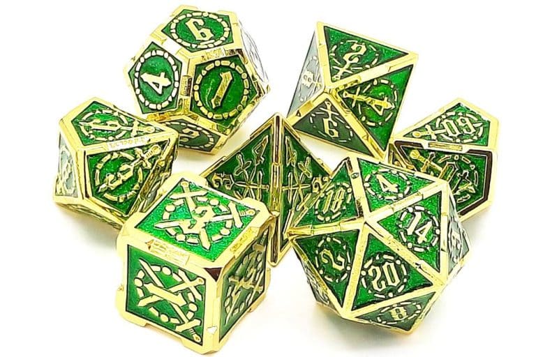 Old School 7 Piece Dice Set Metal Dice Knights of the Round Table Green With Gold Pose 1