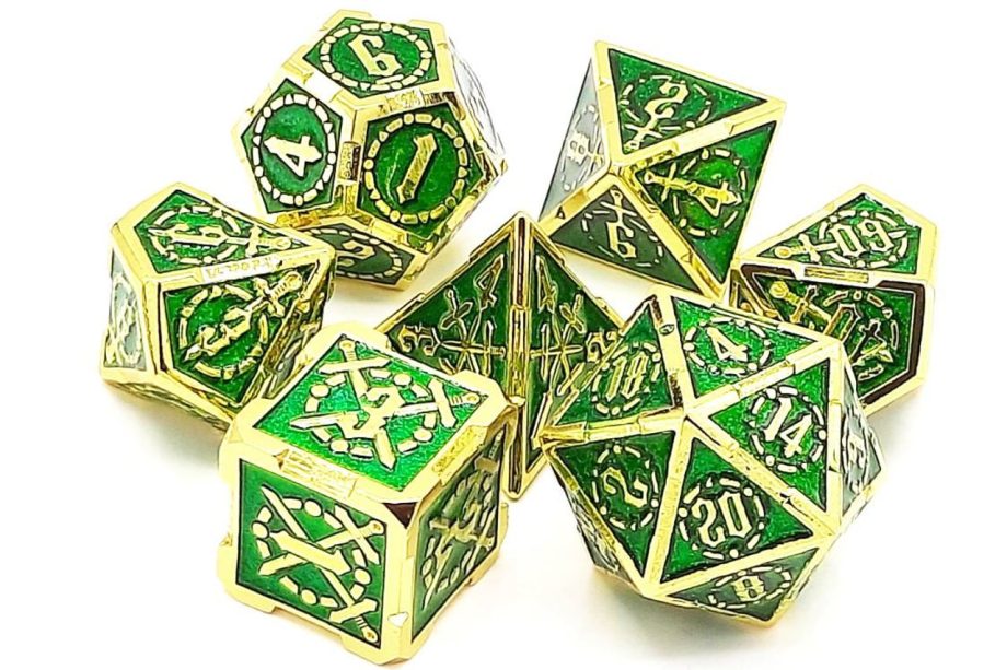 Old School 7 Piece Dice Set Metal Dice Knights of the Round Table Green With Gold Pose 1