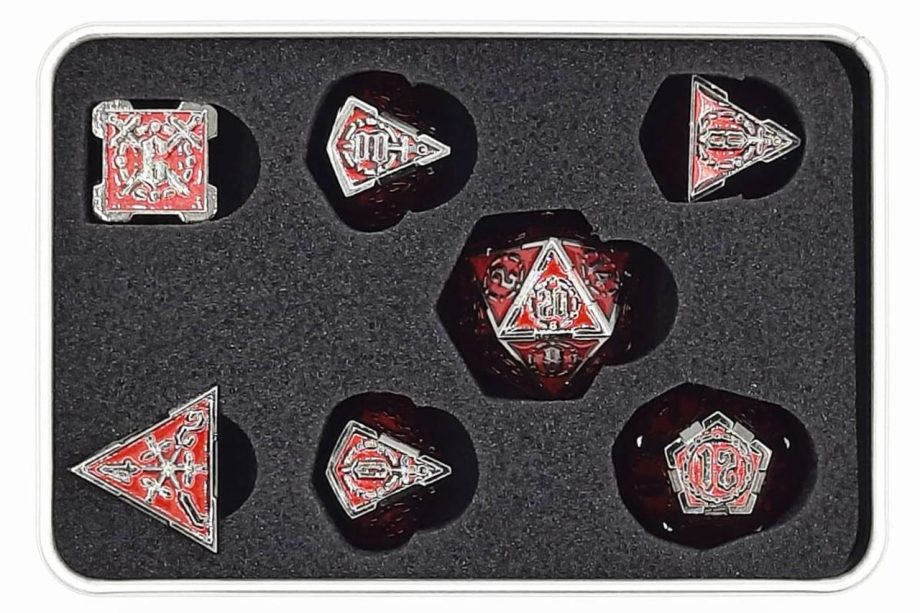 Old School 7 Piece Dice Set Metal Dice Knights of the Round Table Red Ruby With Black Pose 2