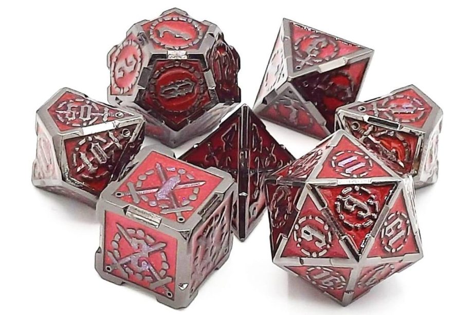 Old School 7 Piece Dice Set Metal Dice Knights of the Round Table Red Ruby With Black Pose 1