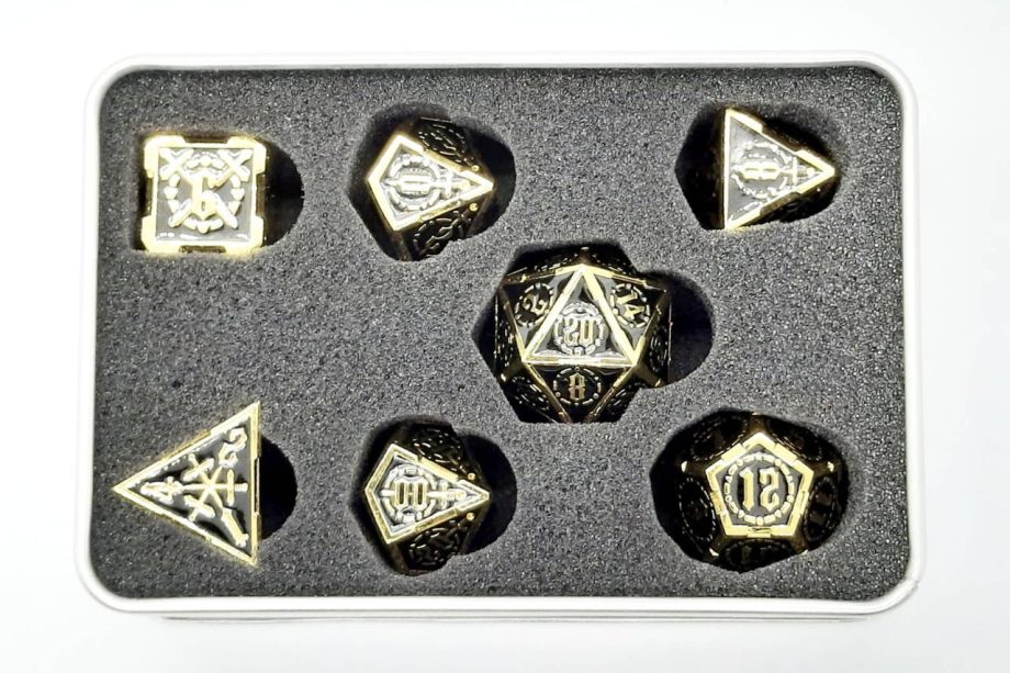Old School 7 Piece Dice Set Metal Dice Knights of the Round Table Black With Gold Pose 2