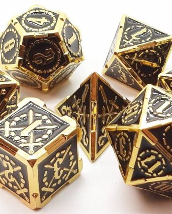 Old School 7 Piece Dice Set Metal Dice Knights of the Round Table Black With Gold Pose 1
