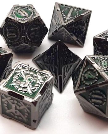 Old School 7 Piece Dice Set Metal Dice Knights of the Round Table Emerald Pose 1