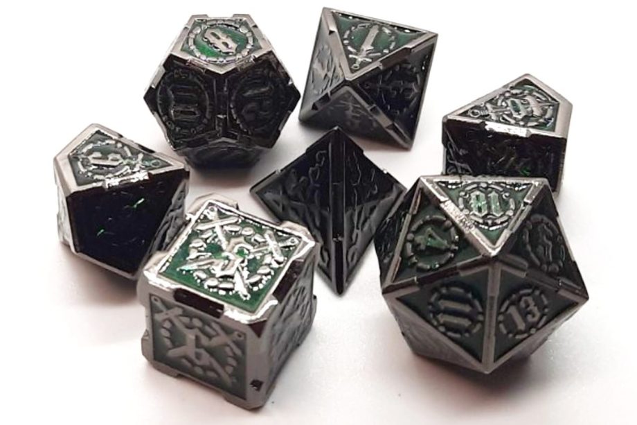 Old School 7 Piece Dice Set Metal Dice Knights of the Round Table Emerald Pose 1