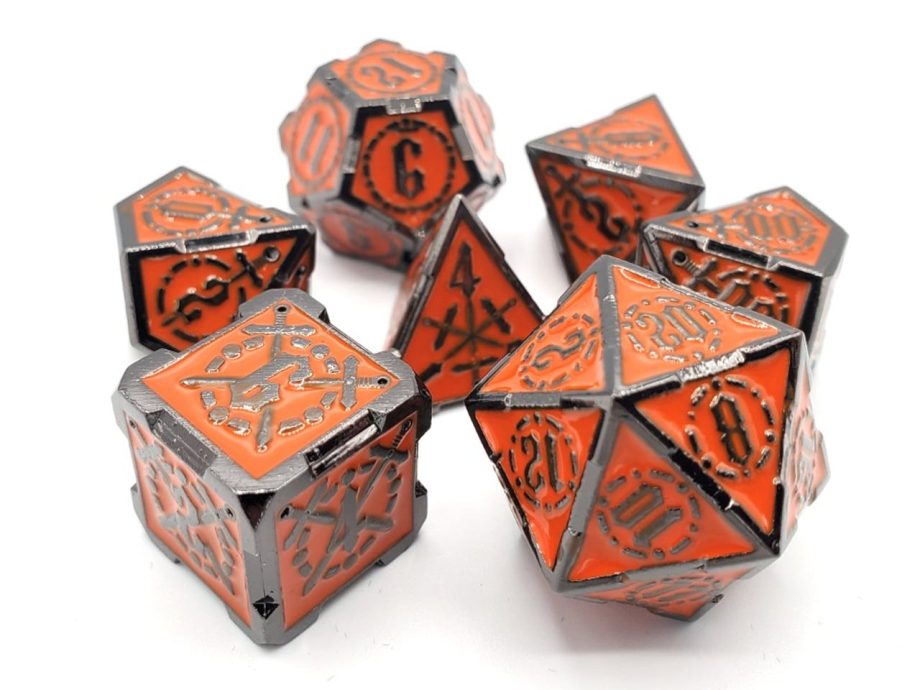 Old School 7 Piece Dice Set Metal Dice Knights of the Round Table Orange Sapphire With Black Pose 1