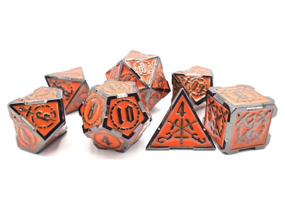 Old School 7 Piece Dice Set Metal Dice Knights of the Round Table Orange Sapphire With Black Pose 2