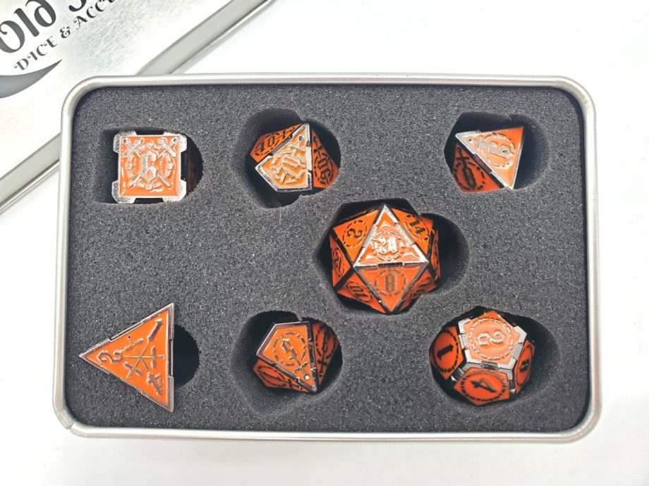 Old School 7 Piece Dice Set Metal Dice Knights of the Round Table Orange Sapphire With Black Pose 3