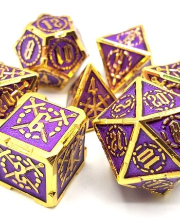 Old School 7 Piece Dice Set Metal Dice Knights of the Round Table Purple With Gold Pose 1