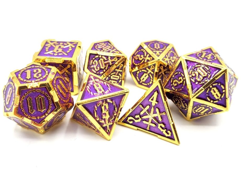 Old School 7 Piece Dice Set Metal Dice Knights of the Round Table Purple With Gold Pose 2