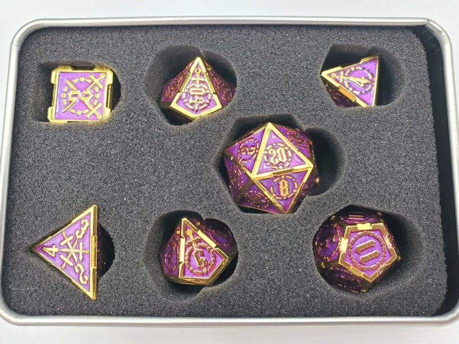 Old School 7 Piece Dice Set Metal Dice Knights of the Round Table Purple With Gold Pose 3