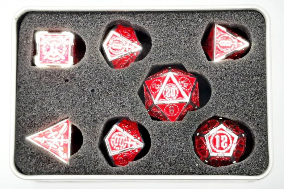 Old School 7 Piece Dice Set Metal Dice Knights of the Round Table Red With Silver Pose 2