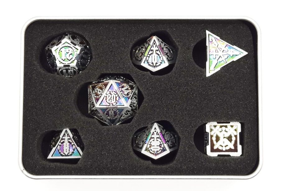 Old School 7 Piece Dice Set Metal Dice Knights of the Round Table Spectral With Silver Pose 2