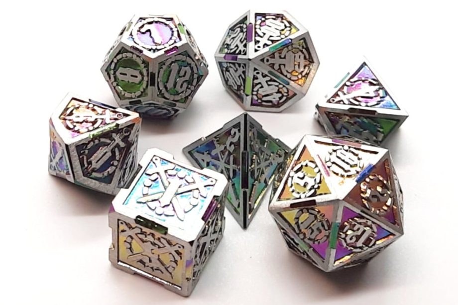 Old School 7 Piece Dice Set Metal Dice Knights of the Round Table Spectral With Silver Pose 1