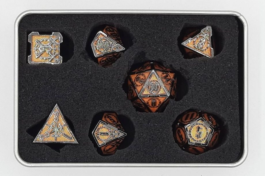 Old School 7 Piece Dice Set Metal Dice Knights of the Round Table Xanthous With Black Pose 2
