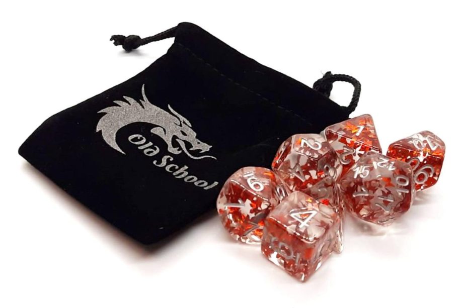 Old School 7 Piece Dice Set Infused Orange Butterfly With Silver Pose 2