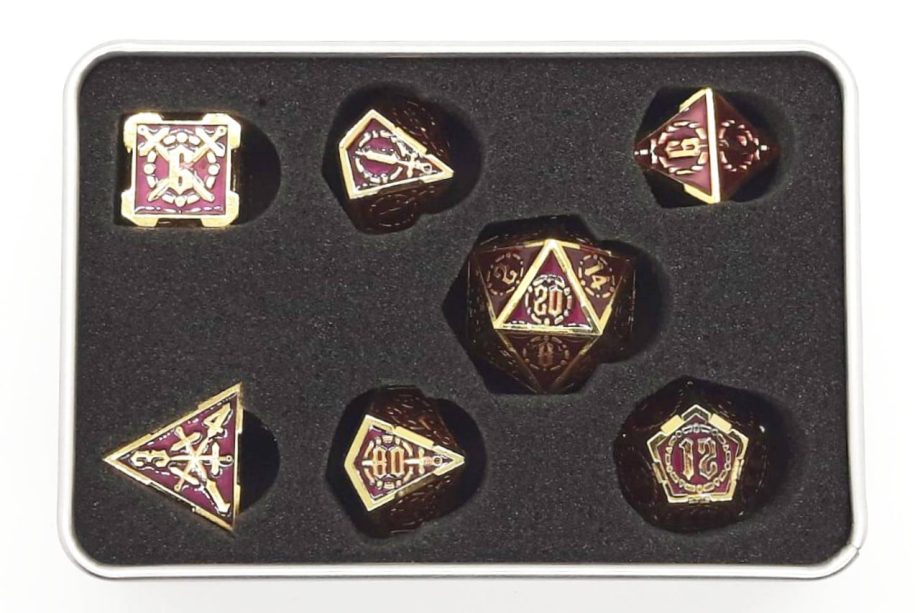 Old School 7 Piece Dice Set Metal Dice Knights of the Round Table Red With Gold Pose 2