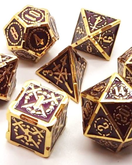 Old School 7 Piece Dice Set Metal Dice Knights of the Round Table Red With Gold Pose 1