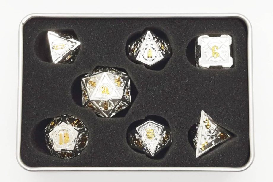 Old School 7 Piece Dice Set Metal Dice Knights of the Round Table Silver With Gold Pose 2