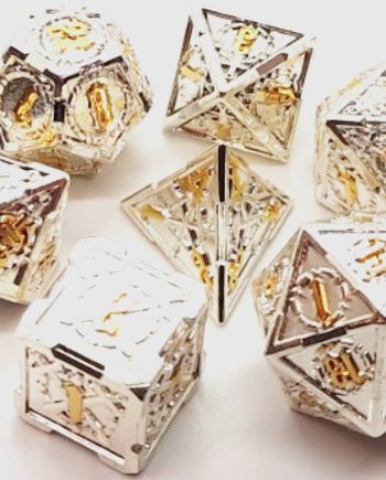 Old School 7 Piece Dice Set Metal Dice Knights of the Round Table Silver With Gold Pose 1