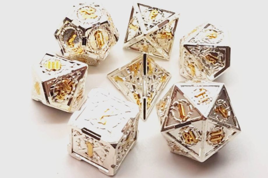 Old School 7 Piece Dice Set Metal Dice Knights of the Round Table Silver With Gold Pose 1