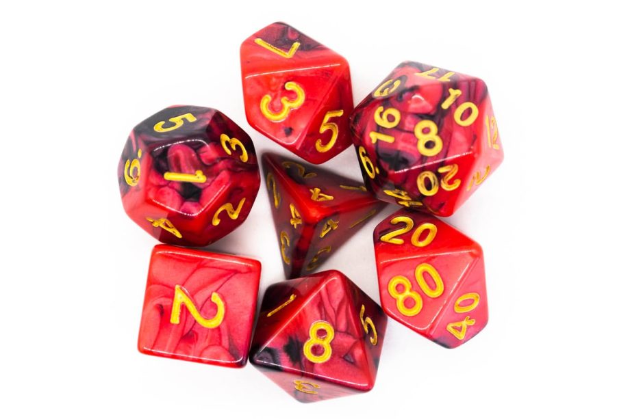 Old School 7 Piece Dice Set Vorpal Black & Red With Gold Pose 2