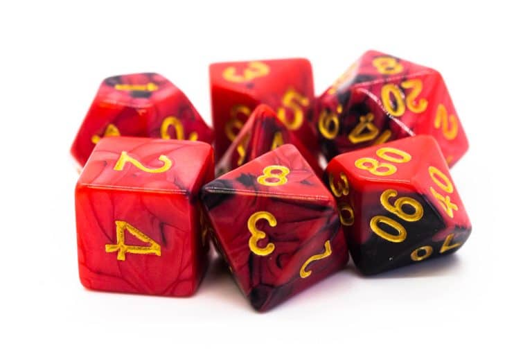 Old School 7 Piece Dice Set Vorpal Black & Red With Gold Pose 1