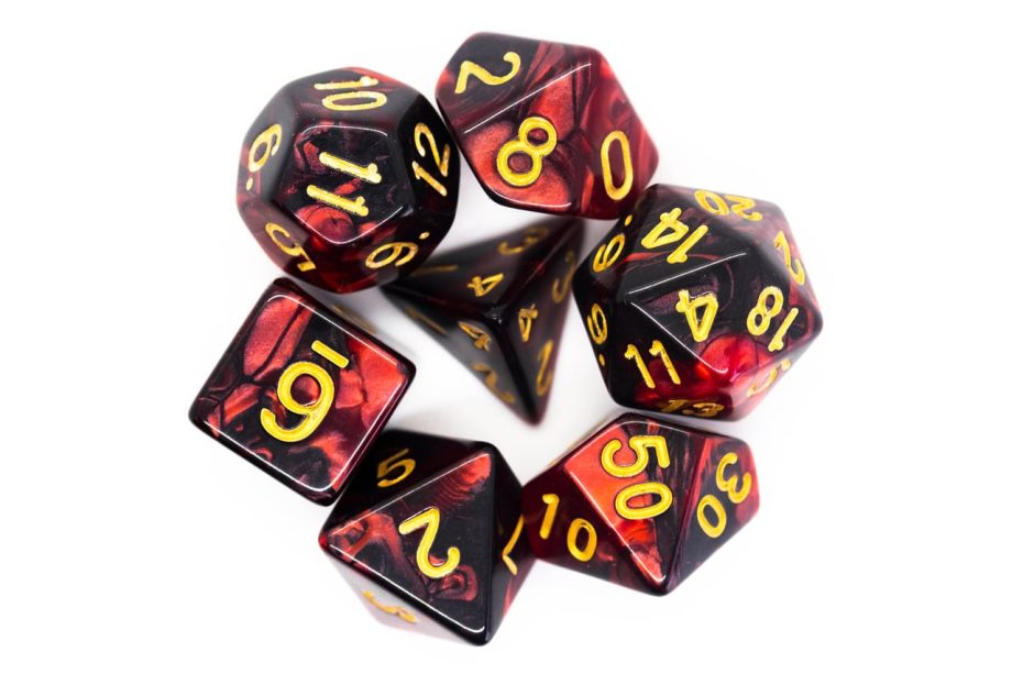 Old School 7 Piece Dice Set Vorpal Blood Red & Black With Gold Pose 2