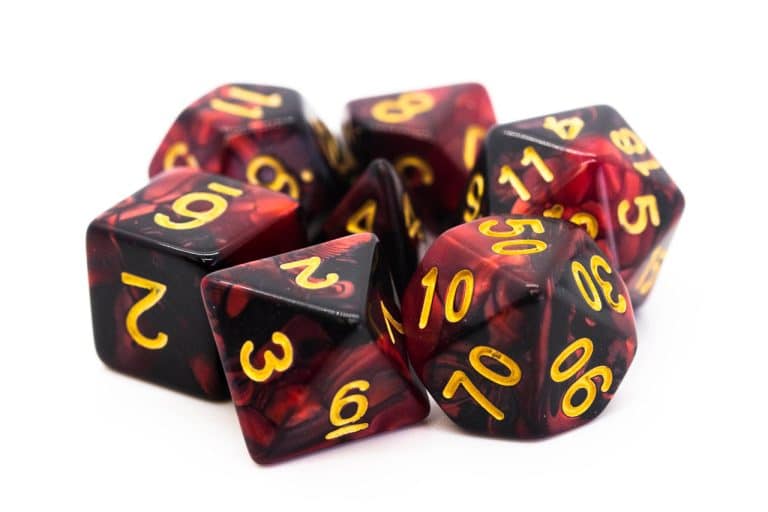 Old School 7 Piece Dice Set Vorpal Blood Red & Black With Gold Pose 1